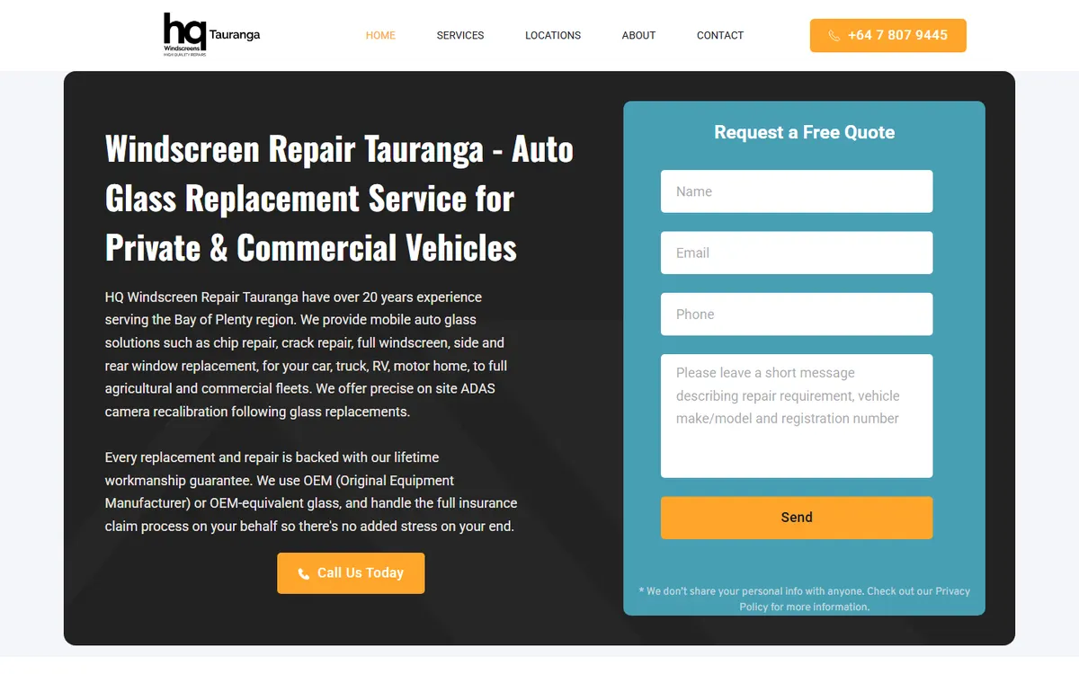 Home page of the HQ Windscreens Tauranga website