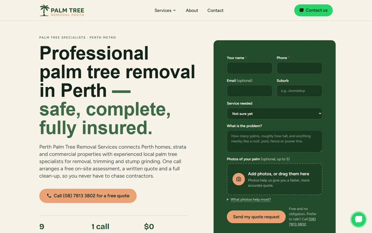 Home page of the Perth Palm Tree Removal website