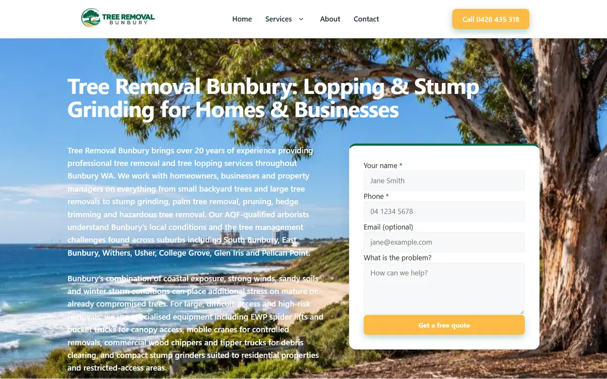 Home page of the Tree Removal Bunbury website